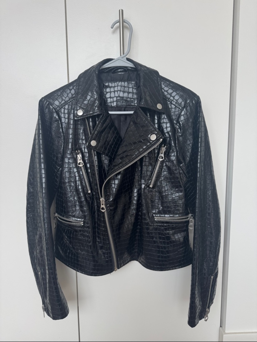 Black Croc-Embossed Moto Jacket - Women